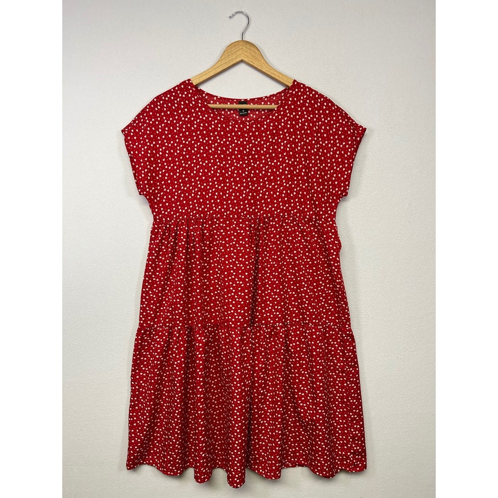 Cottagecore Emery Rose Womens Medium Red Heart Print Tiered Babydoll Mini Dress